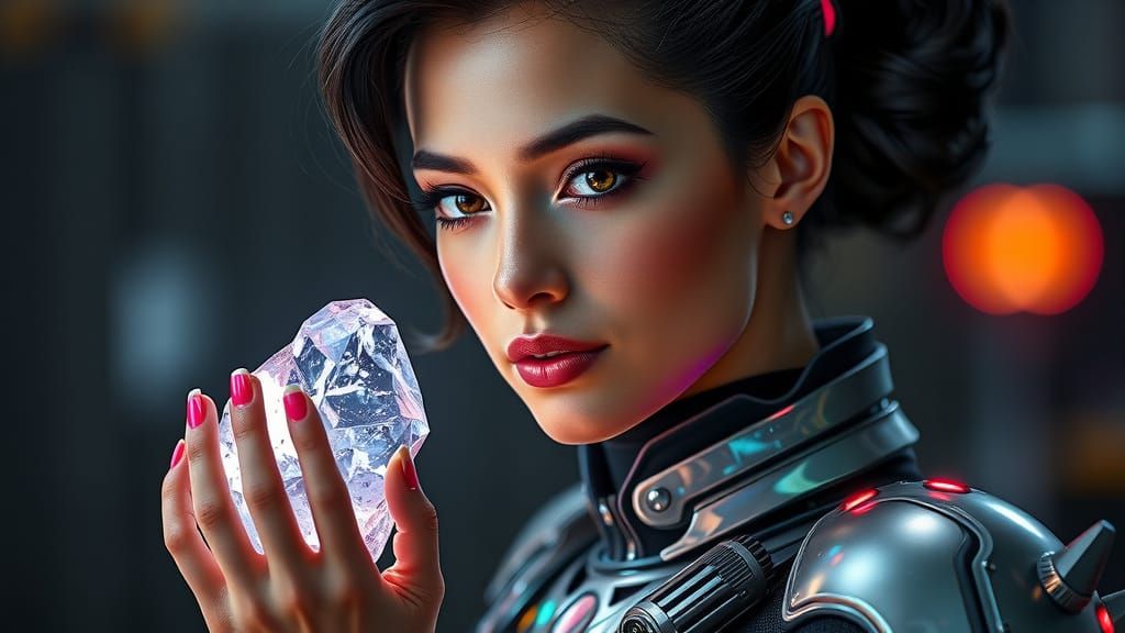 Cyberpunk Warrioress with Holographic Armor and Glowing Arti...