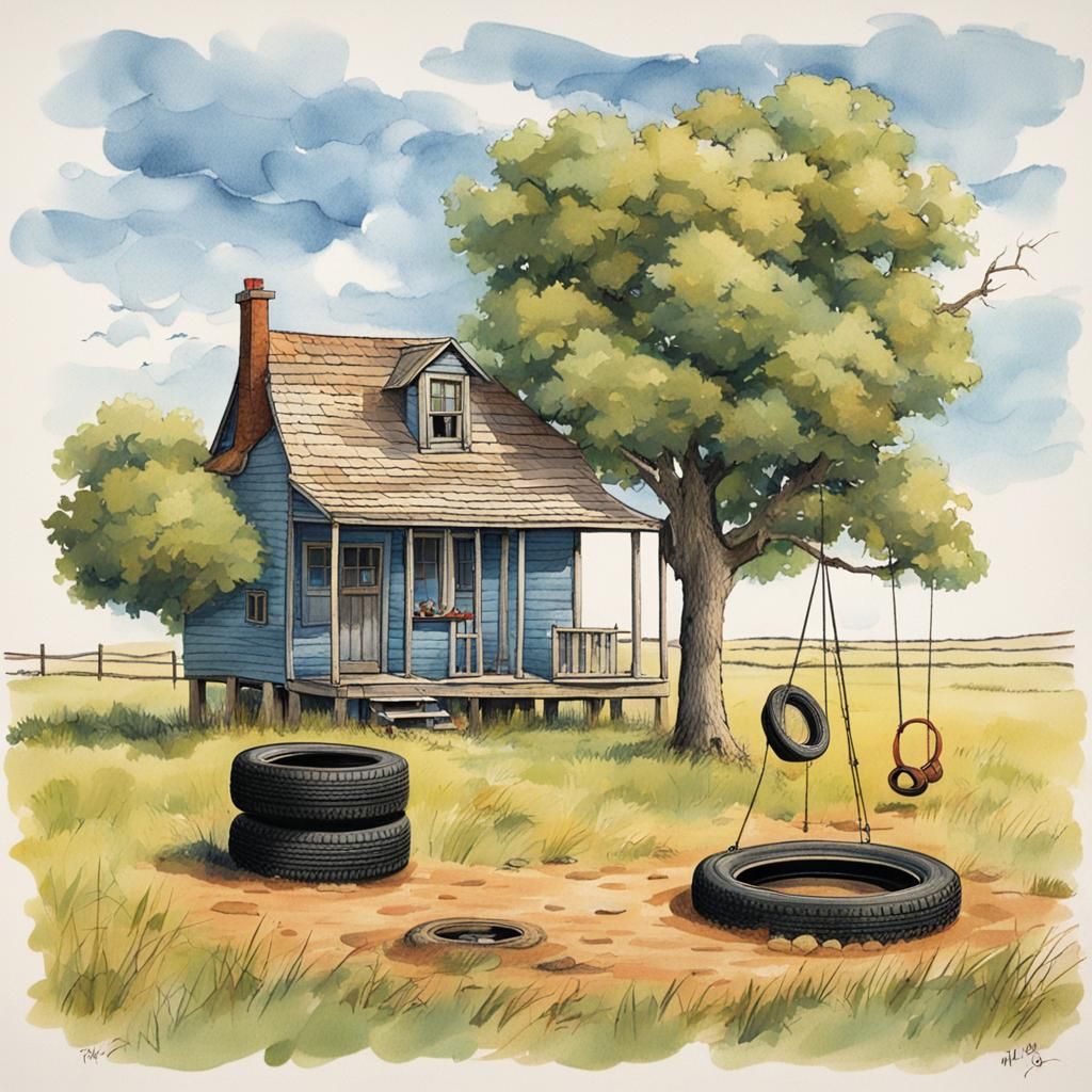 Prairie House Drawing with Tire Swing and Well