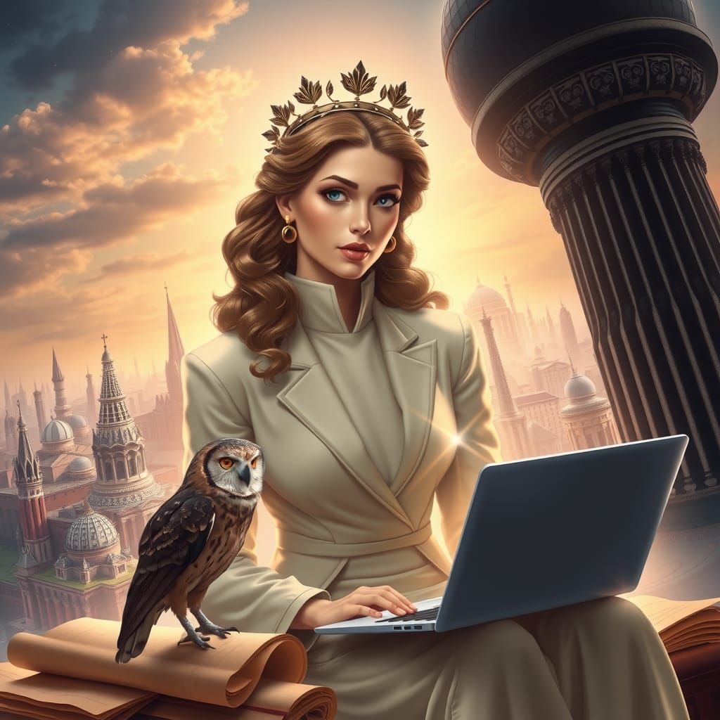 Modern Athena in Cityscape: Digital Illustration