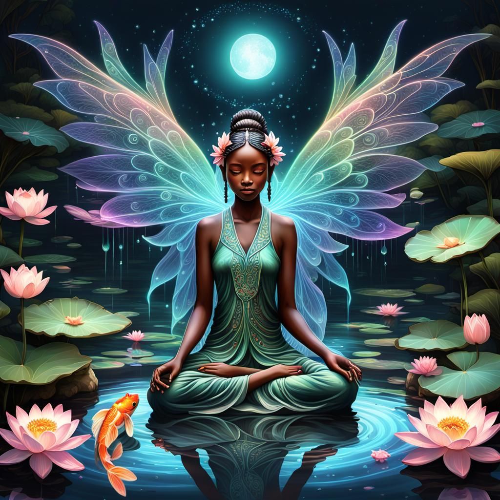 Neon Fairy Meditating in Zen Garden