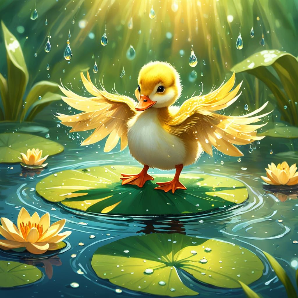 Dancing Duckling on Lily Pad: Whimsical Digital Art