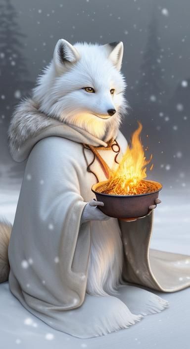 Arctic Fox Eating Ramen: Whimsical Watercolor Illustration