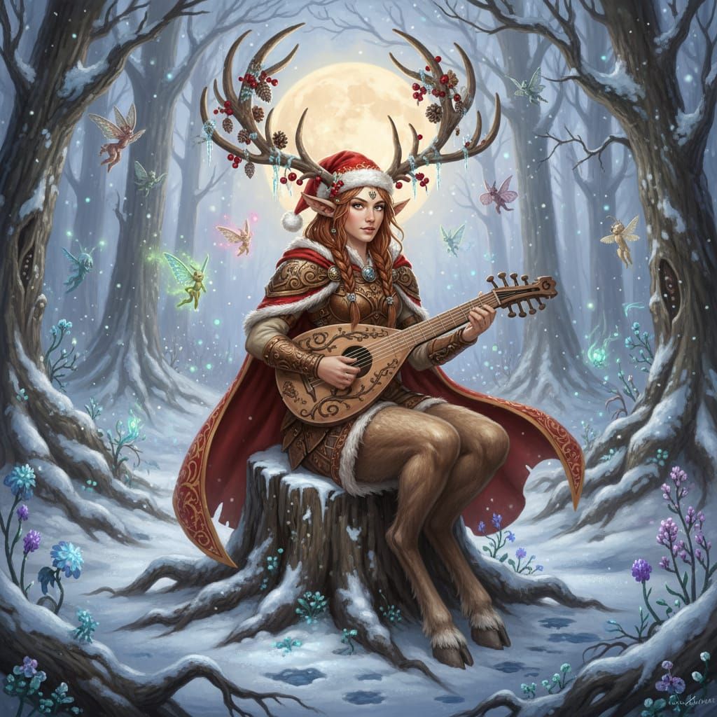 Christmas Reindeer Satyr Lute Player in Snowy Forest