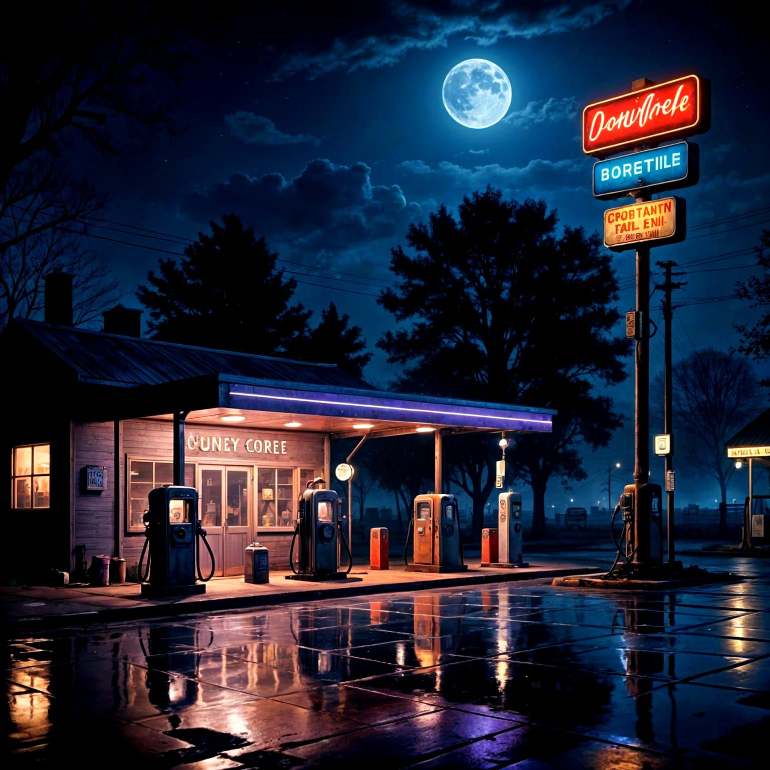 Retro Nighttime Scene at a Country Store