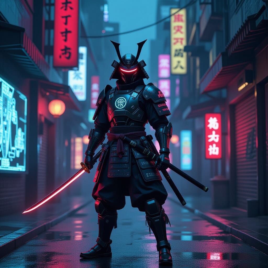 Cyberpunk Samurai in Neon Alleyway with Katana