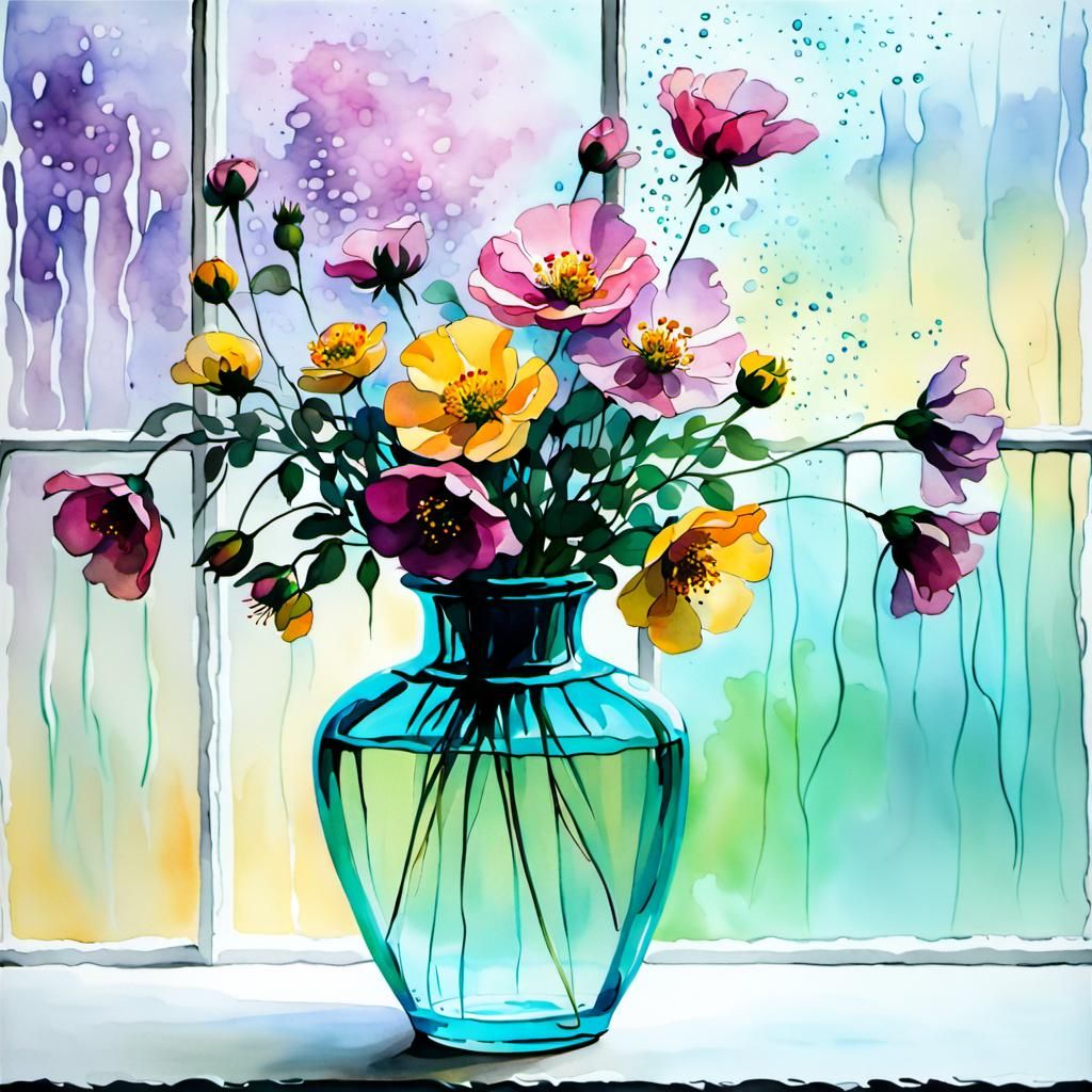 a translucent vase filled with bright dusty rose geum flowers : an abstract background window pane with water running do...