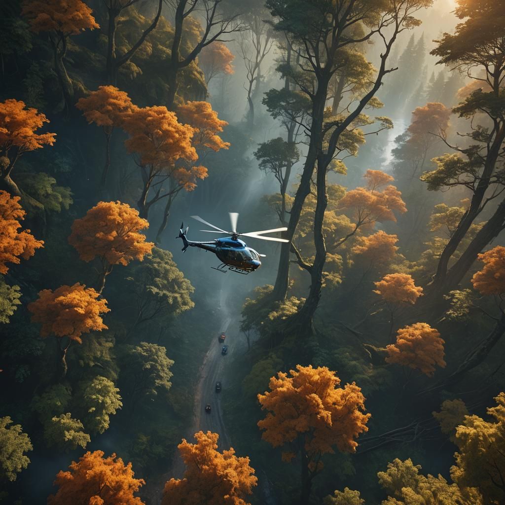 Helicopter Chase in Mystical Forest, Rutkowski Style