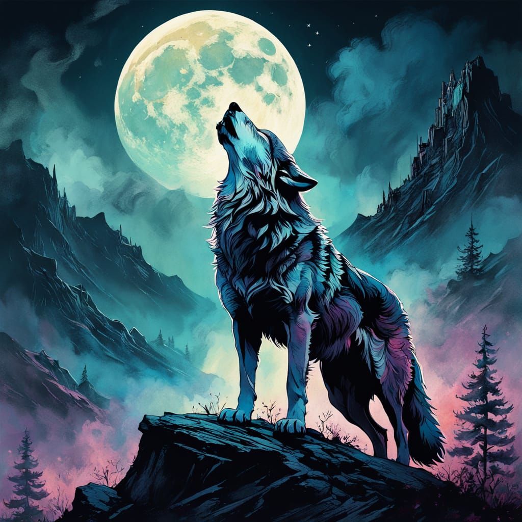 Moonlit Wolf's Lament in Dark Fantasy Style