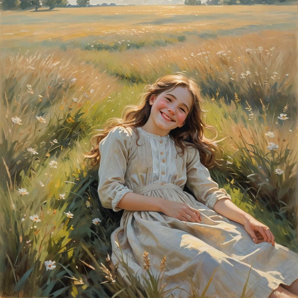 Girl in Field: Impressionist Painting in Golden Light