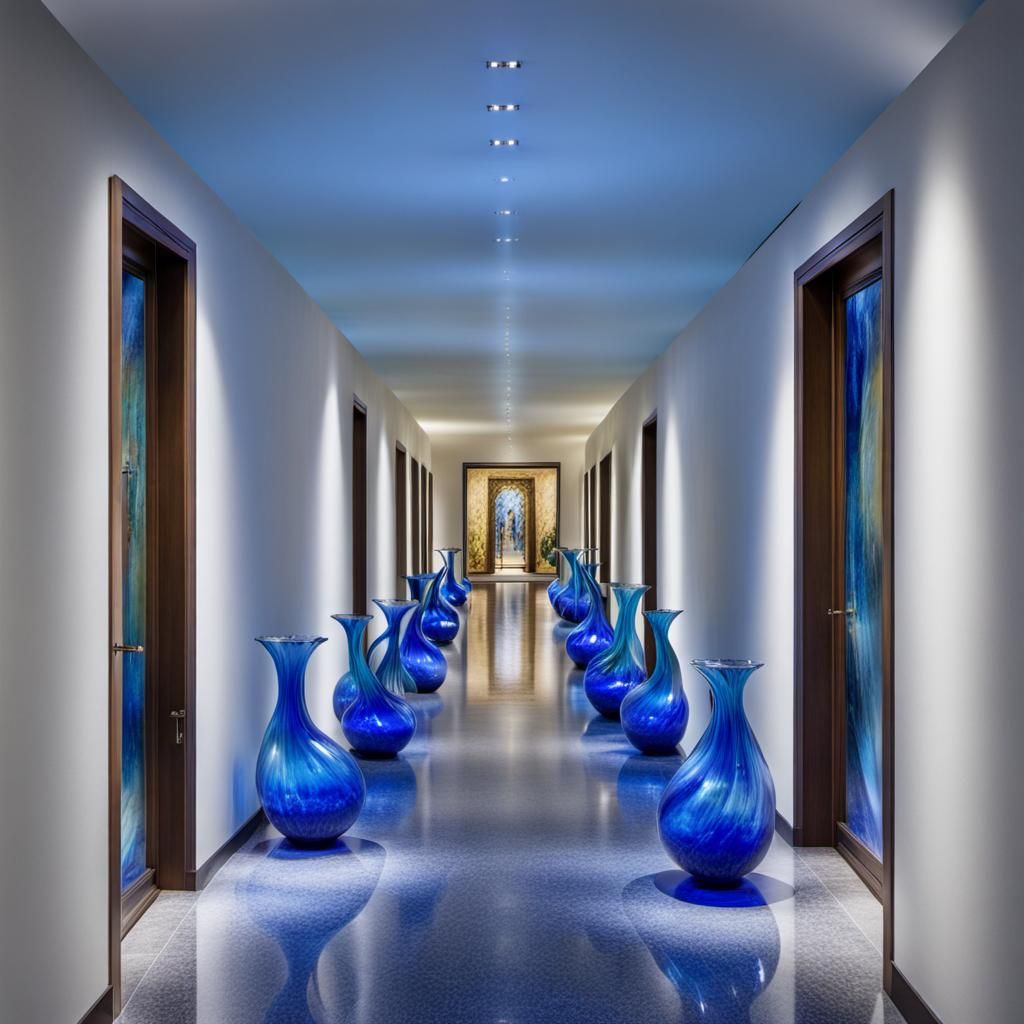 Entering a Corridor Made of Blown Glass, a Blue Fountain Is ...