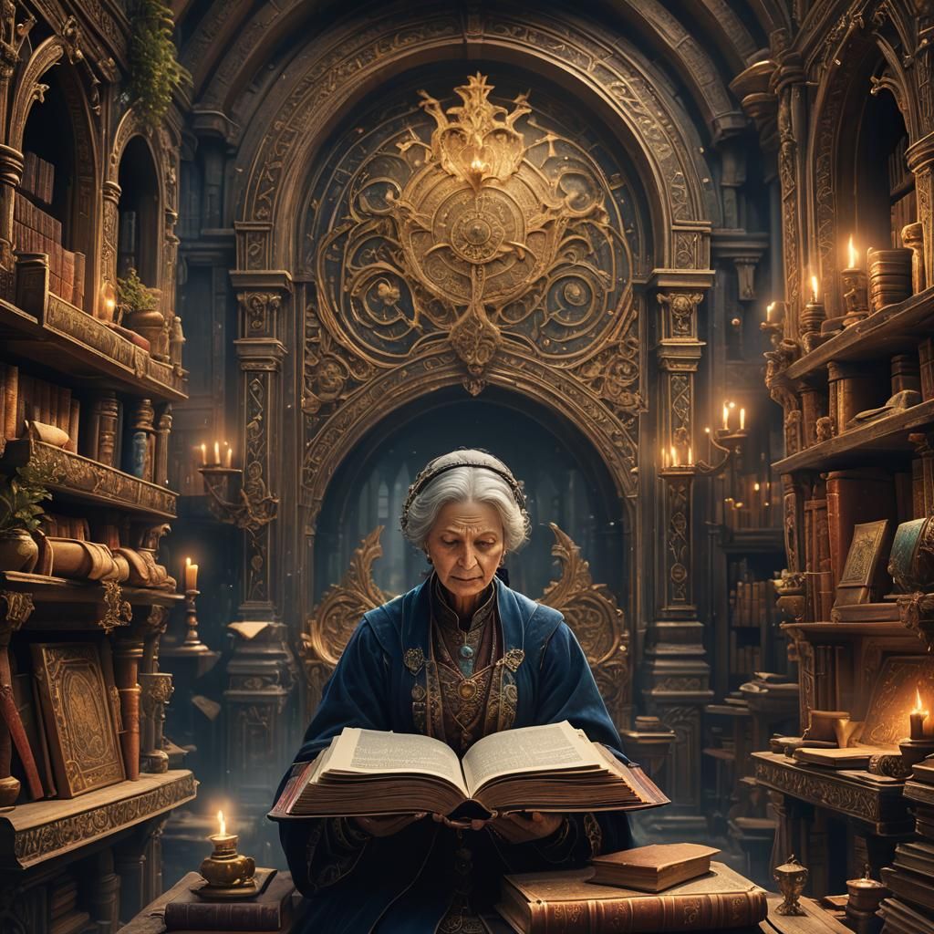 Old Woman Reads Illuminated Book: Fantasy Art