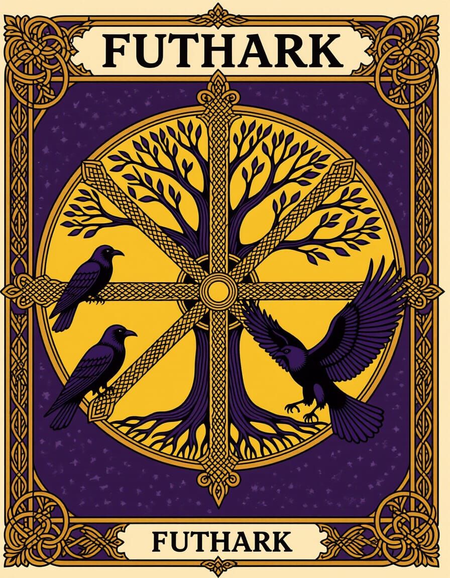 Yggdrasil Runic Wheel with Ravens in Dark Fantasy Style