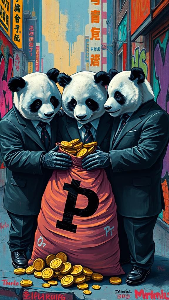 Panda Businessmen Share Gold in Graffiti Landscape