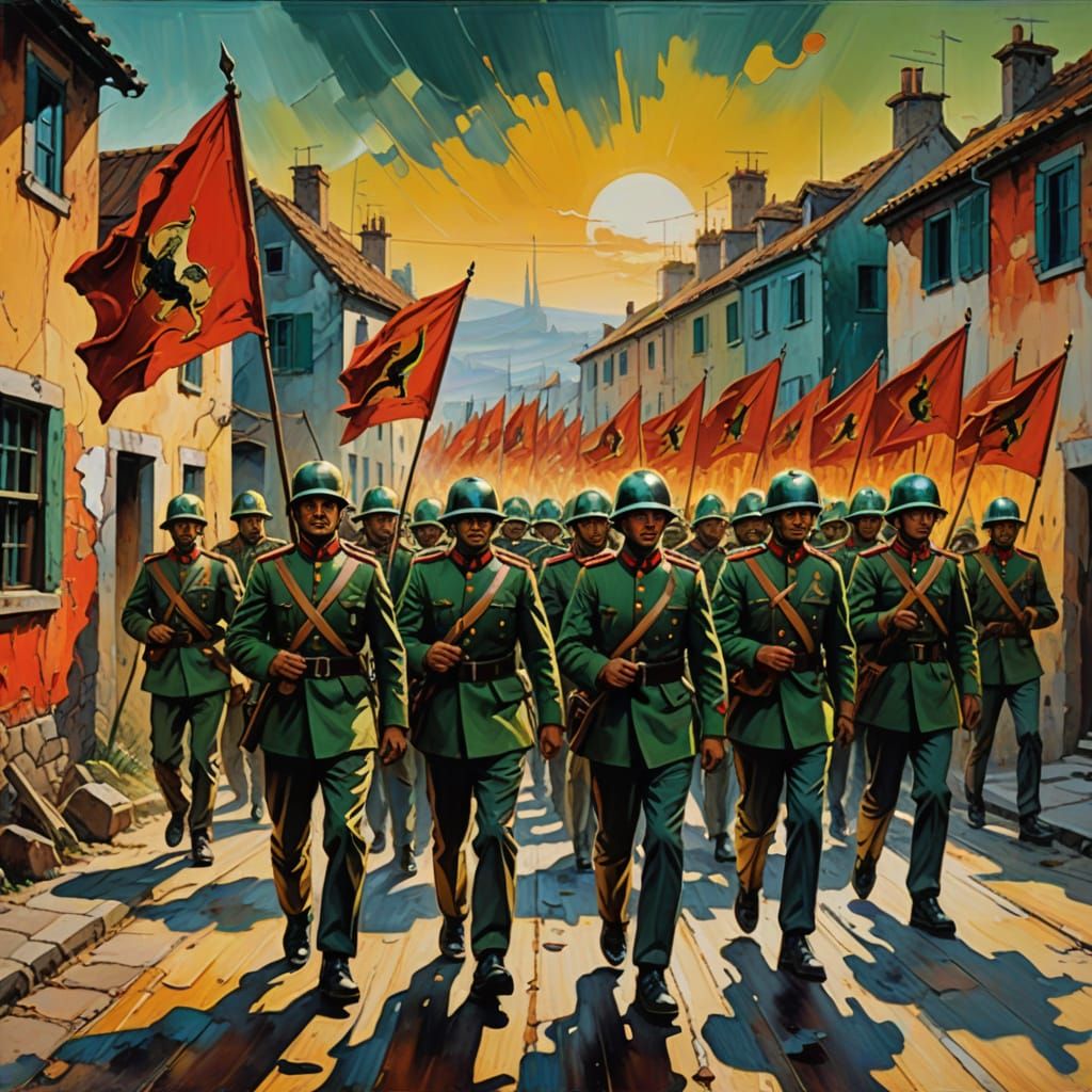 Dali-Inspired Army Marching in Surreal Landscape