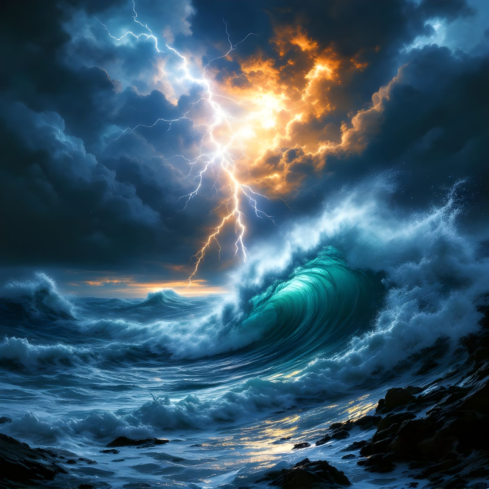 Cyberpunk Stormy Seascape with Electrifying Lightning