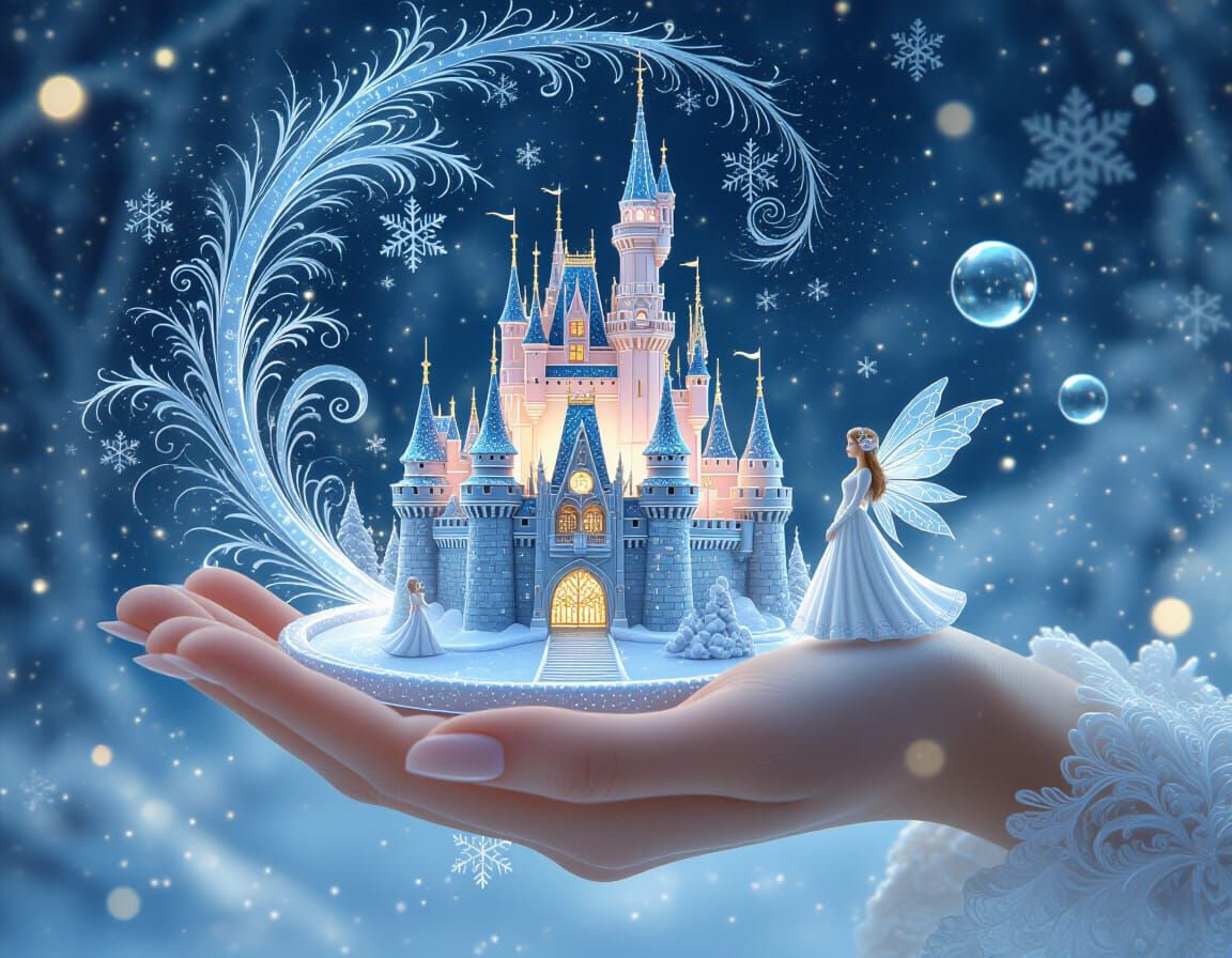 Magical Winter Fairy Tale Held in Hand, Hyperrealistic Digit...