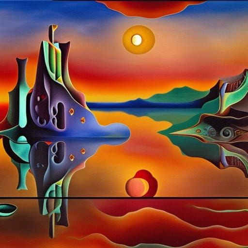Gaudi Arches Glow at Lake Sunset: Surrealist Painting