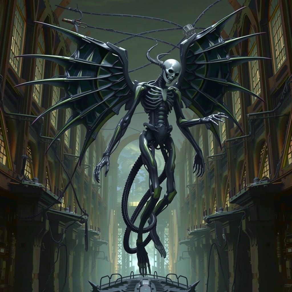 Gigeresque Angel Amidst Biomechanical Ruins