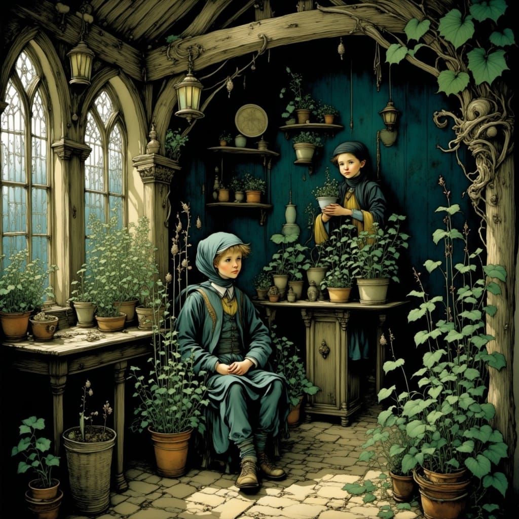 Medieval Herbalist's Enchanted Manor in Deep, Rich Colors