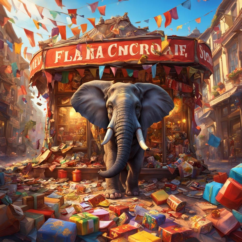 Elephant's Souvenir Shop Rampage in Oil Painting Style