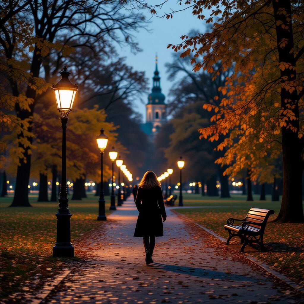 Woman Strolling Through Tiergarten Park at Night