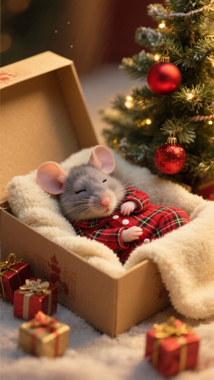 Cute Mice in Tartan Pajamas Sleeping in Christmas Box