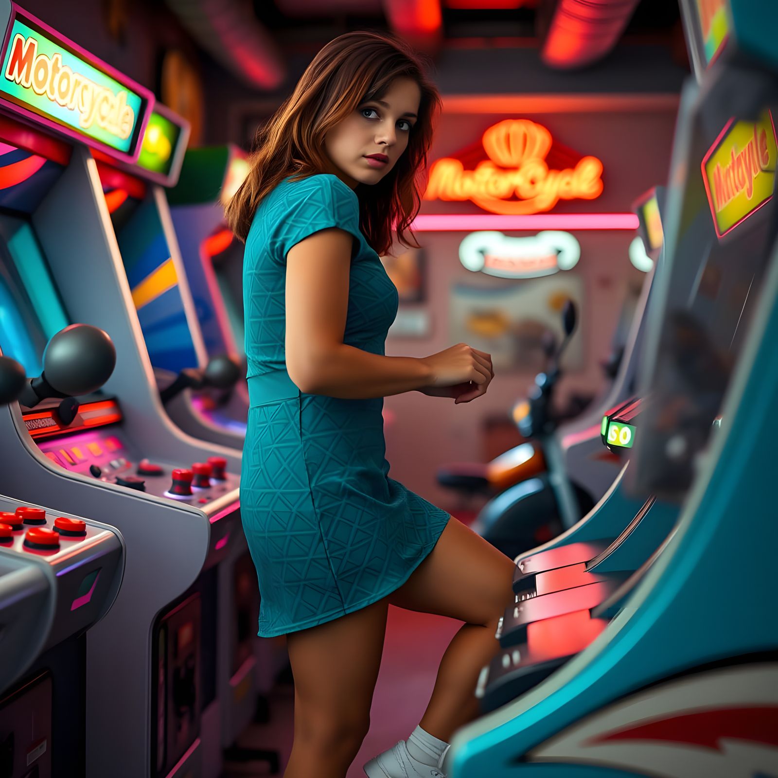 1980s Arcade Scene with Confident Player