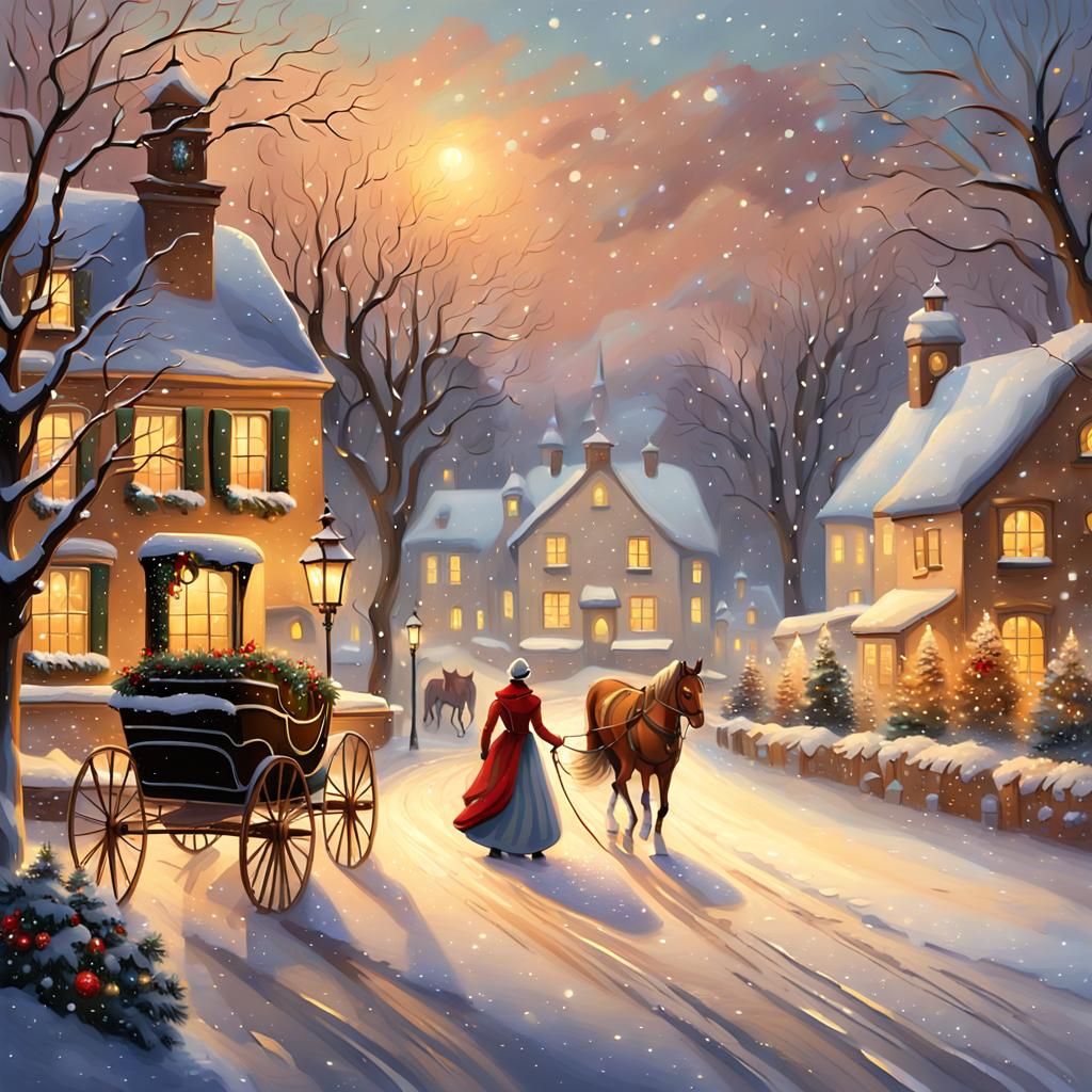 Christmas Village Scene in Kinkade Style