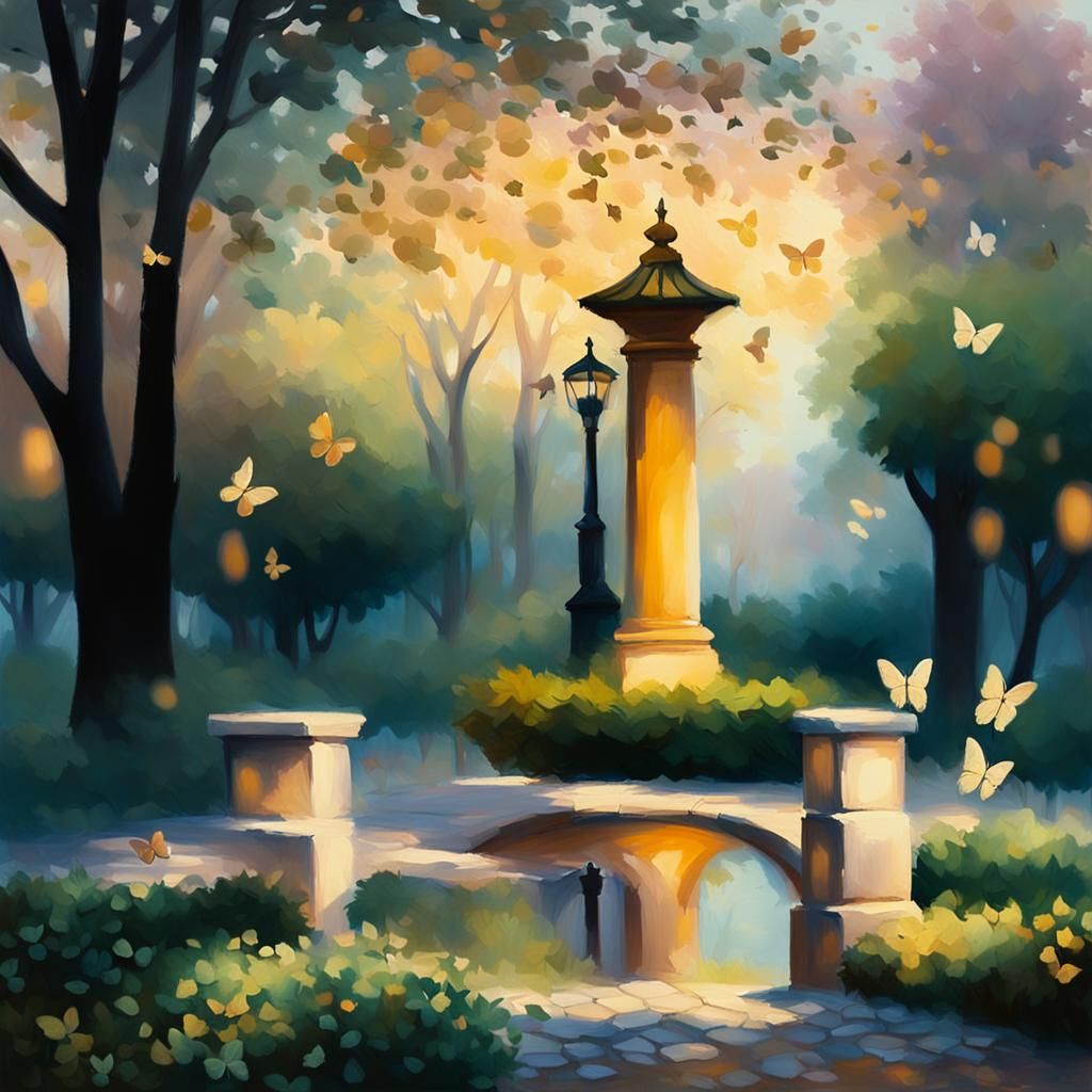 Tranquil Orchard in Impressionist Style with Gazebo