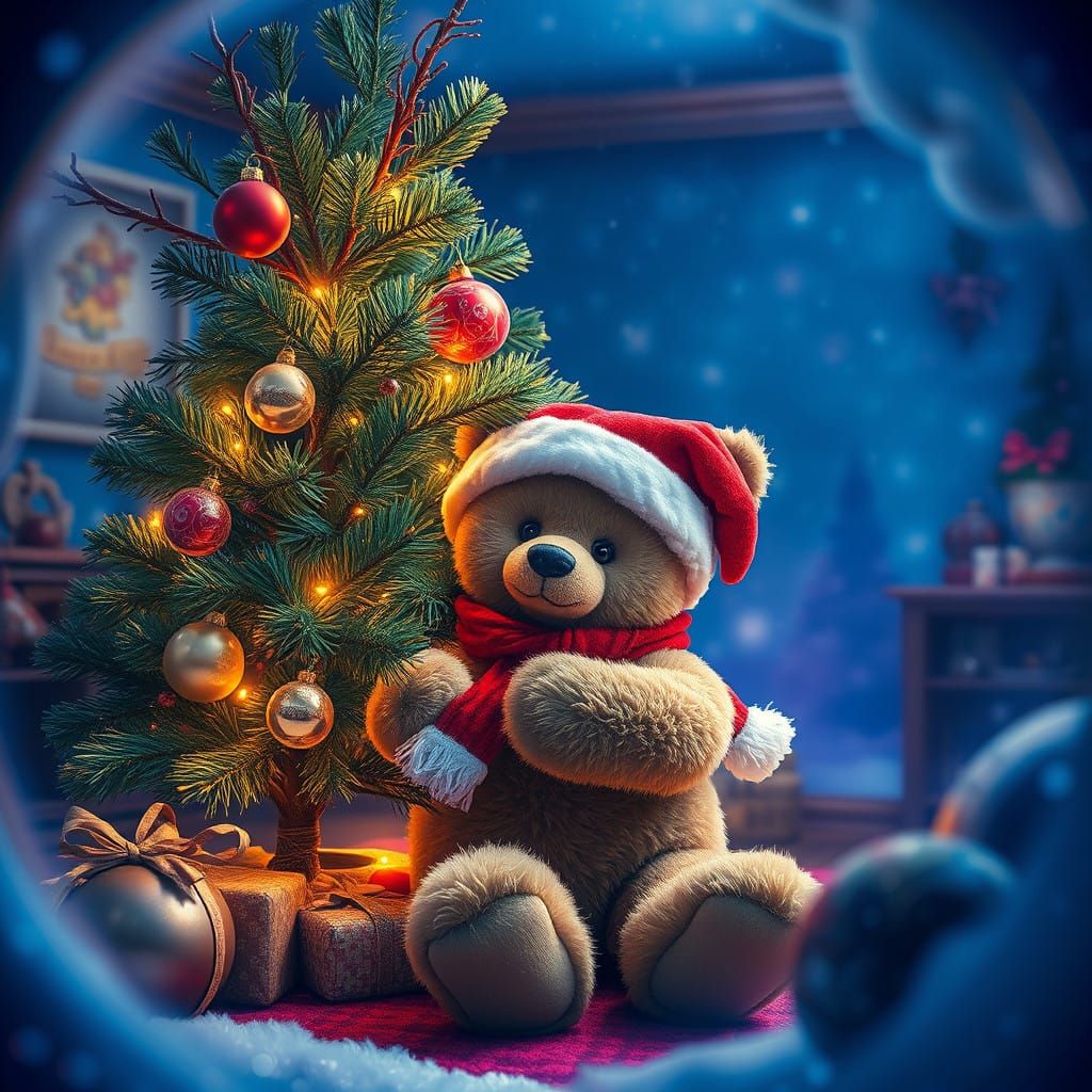 Whimsical Christmas Tree Decorated by a Teddy Bear in a Fant...