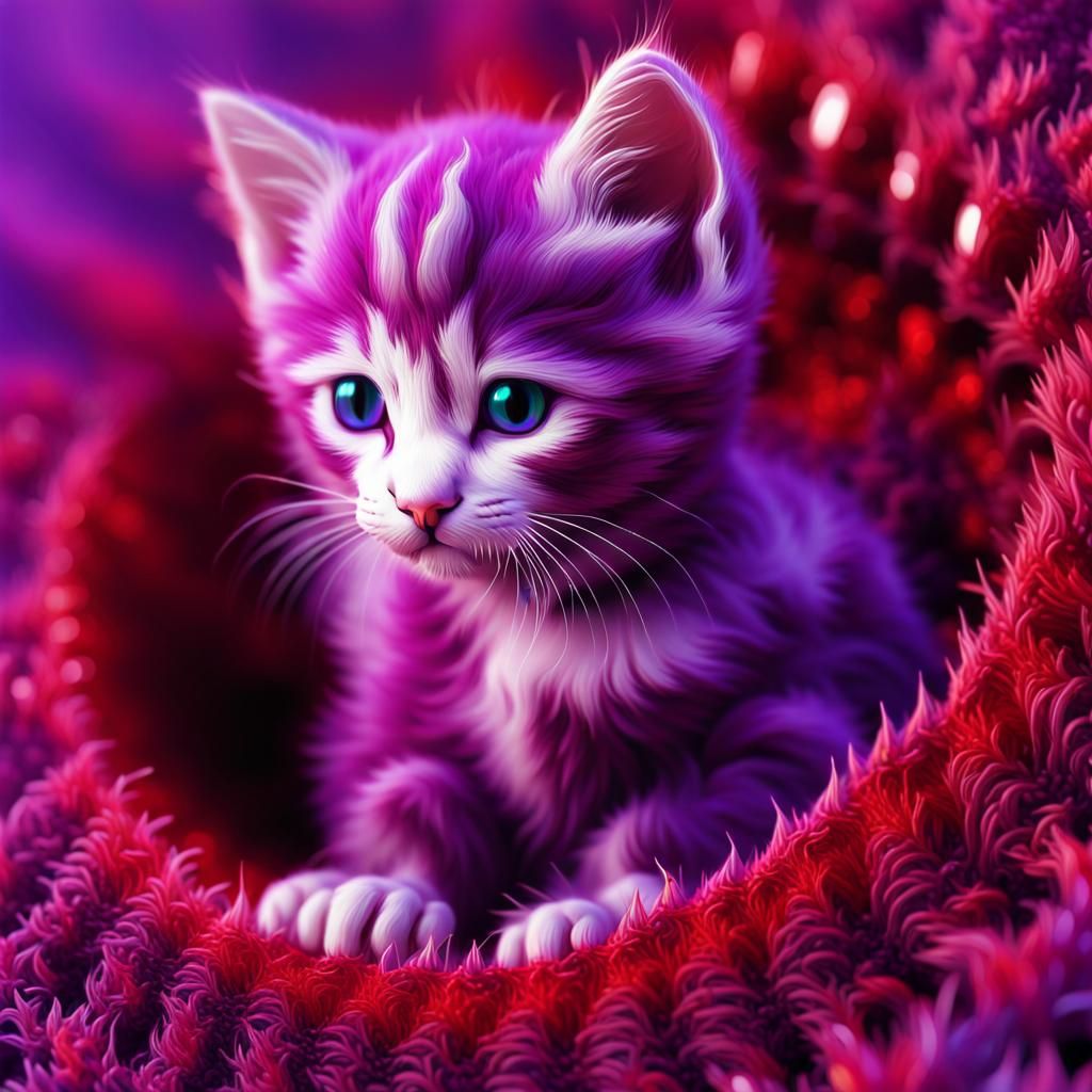 Iridescent Fractal Kitten in Purple and Red