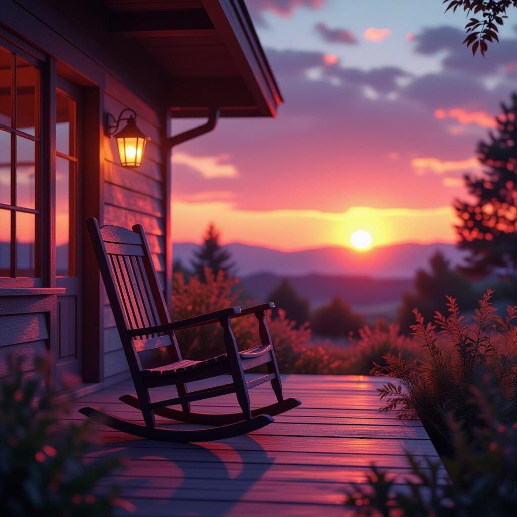 Futuristic Cottage with Rocking Chair at Sunset