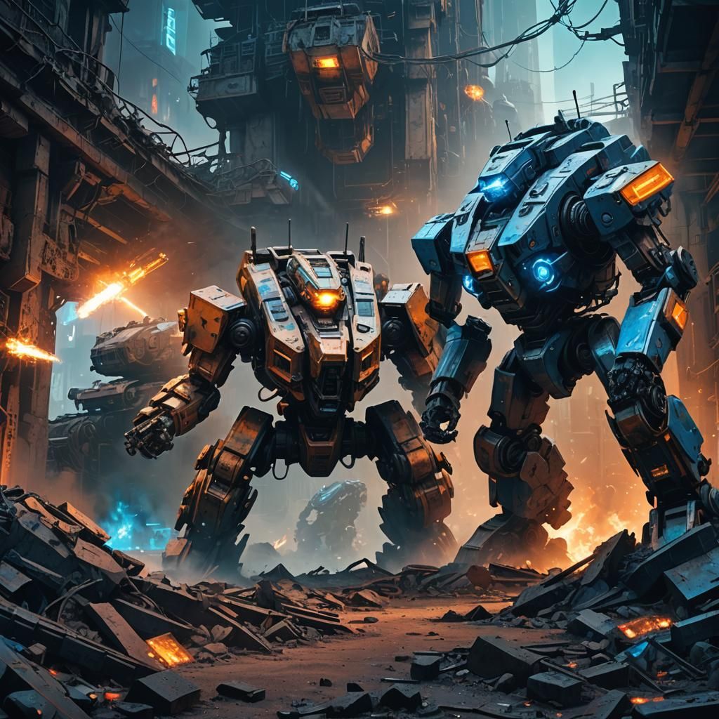 Futuristic Mech and Tank Face Off in Cyberpunk City