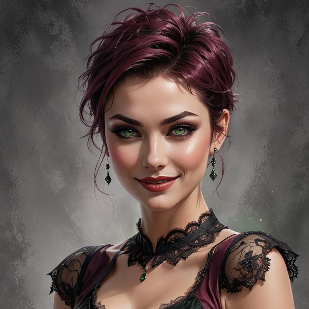 Sensual Burgundy Pixie: Luis Royo Style Charcoal Drawing