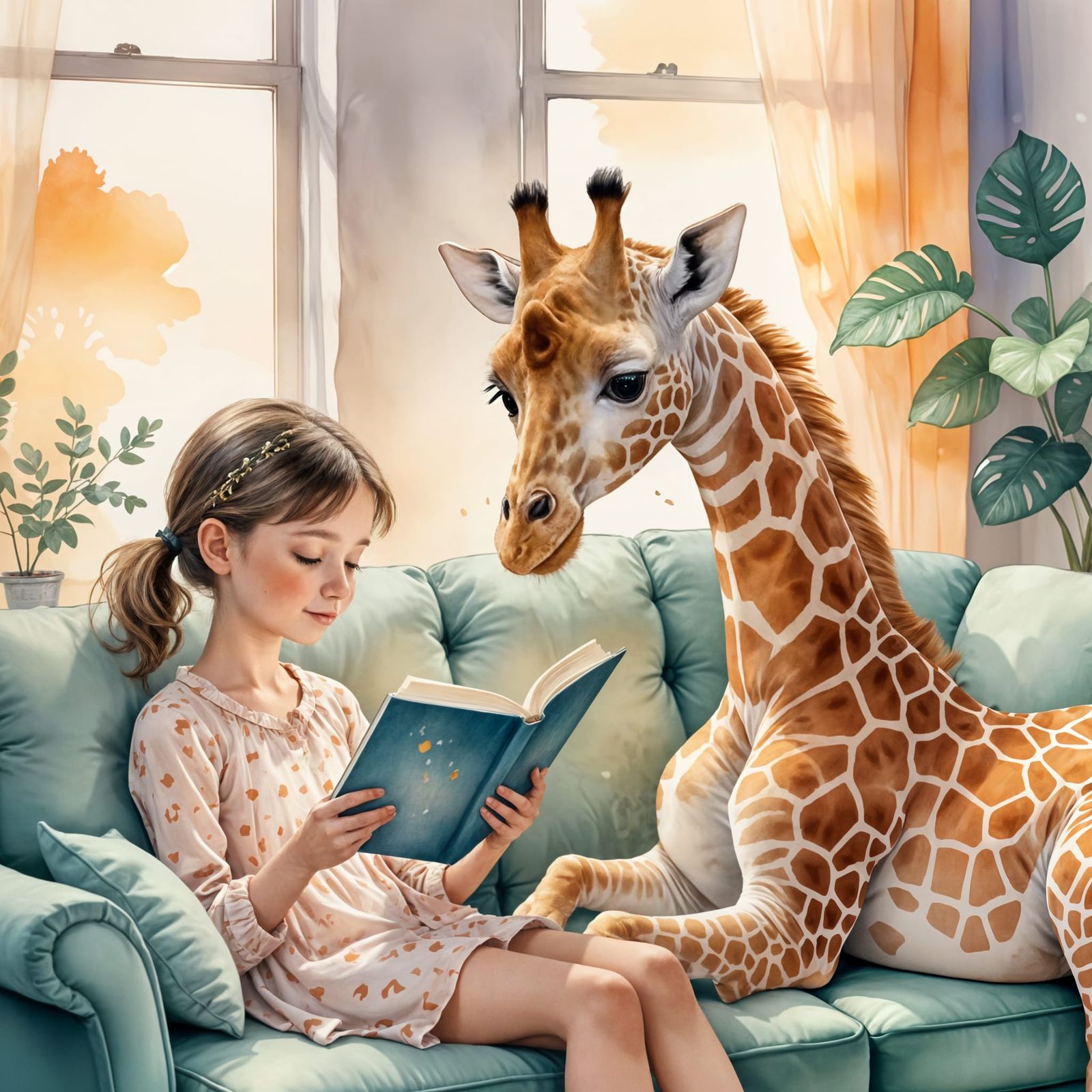 Child Reading to Giraffe Cub on Couch