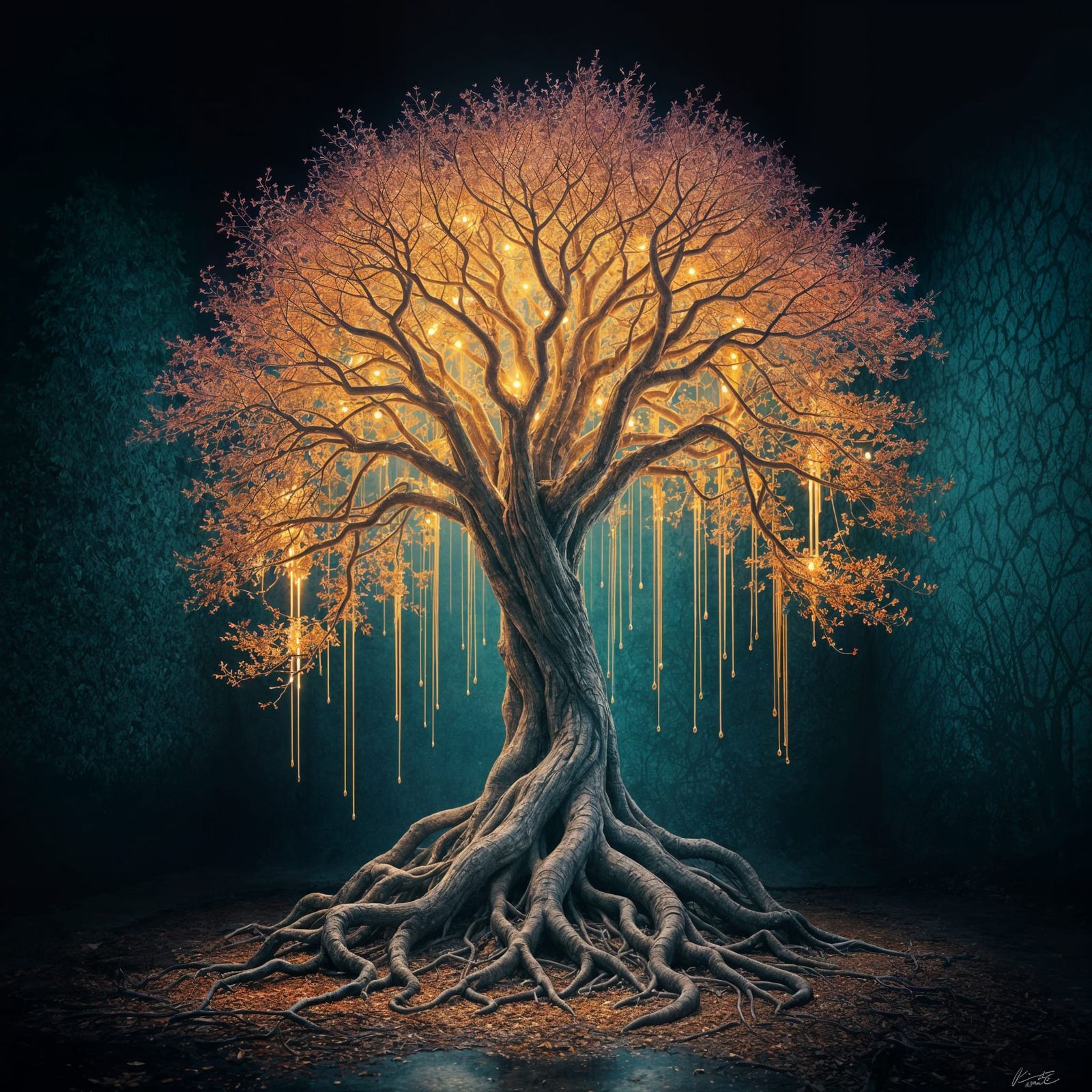 Vibrant Tree Radiates Light in Darkened Studio