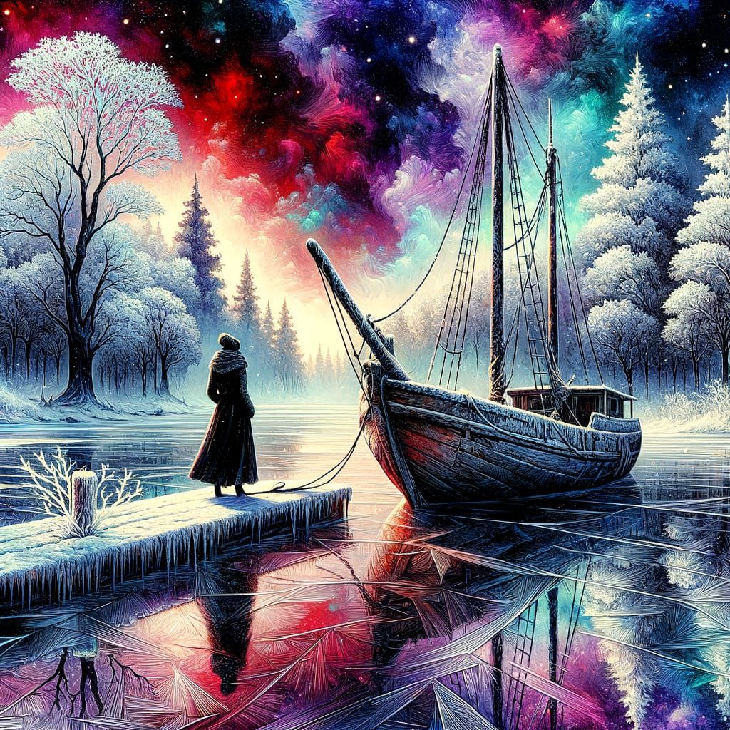 Winter Port Scene with Galley Ship in Expressionist Style