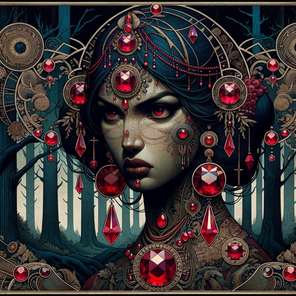 Surly sorceress, 
Ruby bejeweled
Intricate
Folk art
Forest
Android Jones, Gustav Moreau