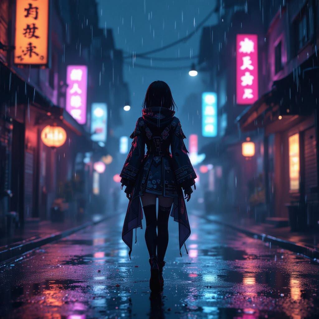 Anime Girl on Neon Street at Night