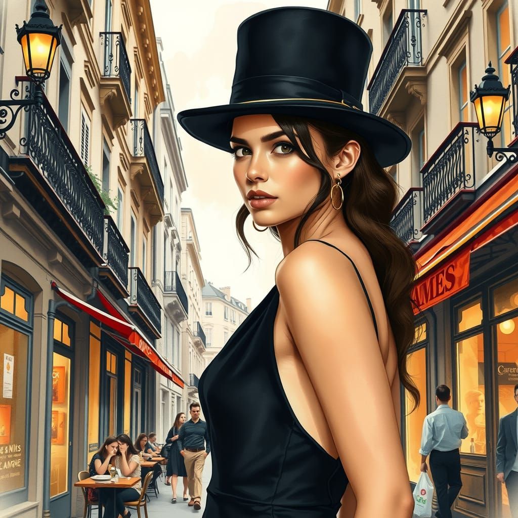 Elegant Woman in Top Hat on Parisian Street Watercolor