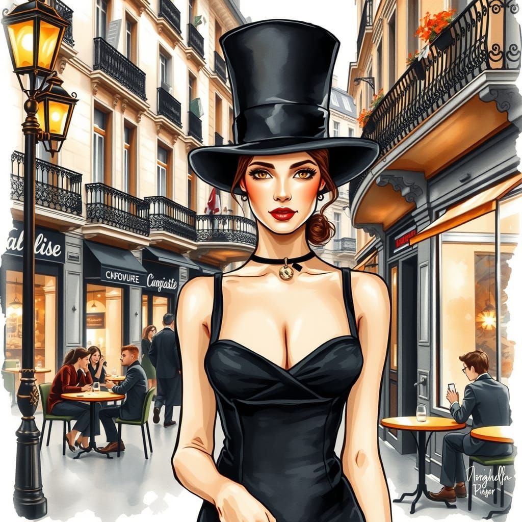 Elegant Woman in Top Hat on Parisian Street - Watercolor Sty...