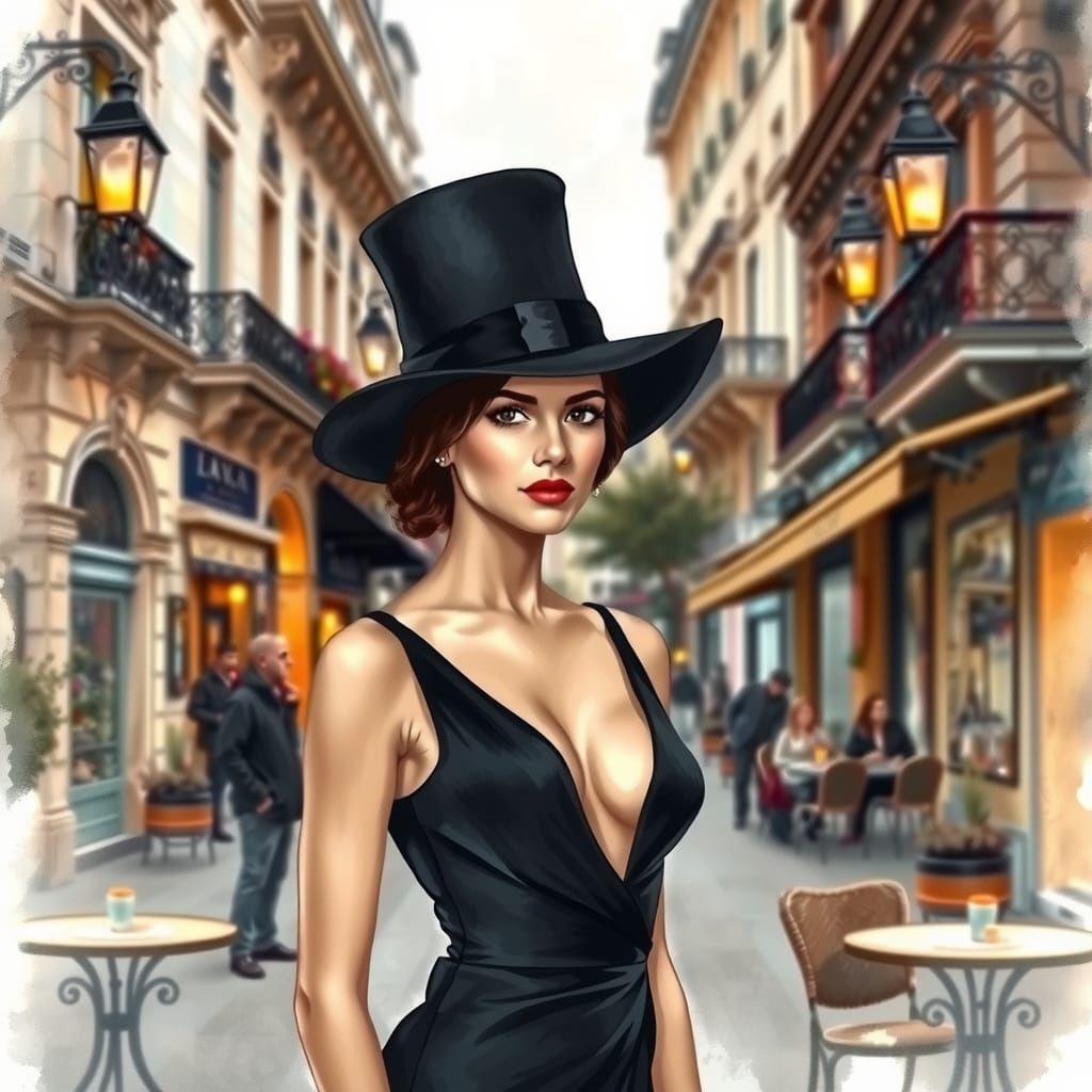Elegant Woman in Parisian Street Scene Watercolor