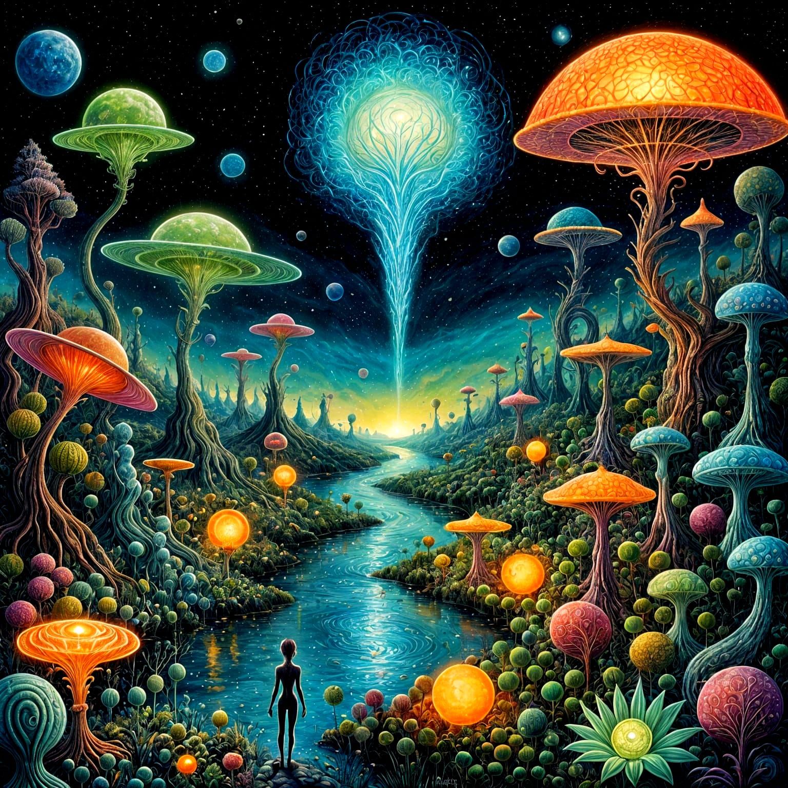 Alien Walk Through Bioluminescent Exoplanet, Surreal Maximal...