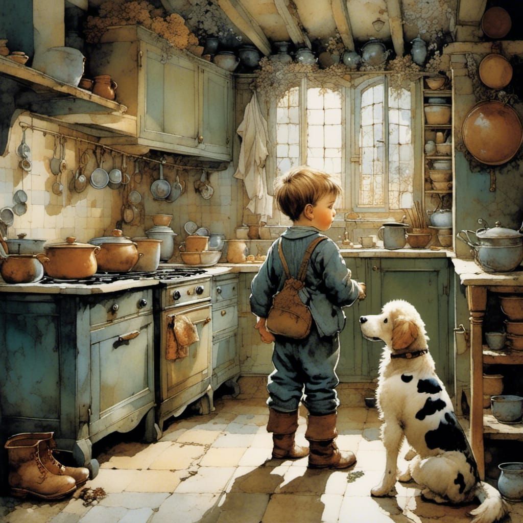 Toddler and Dog in Kitchen, Watercolor Style