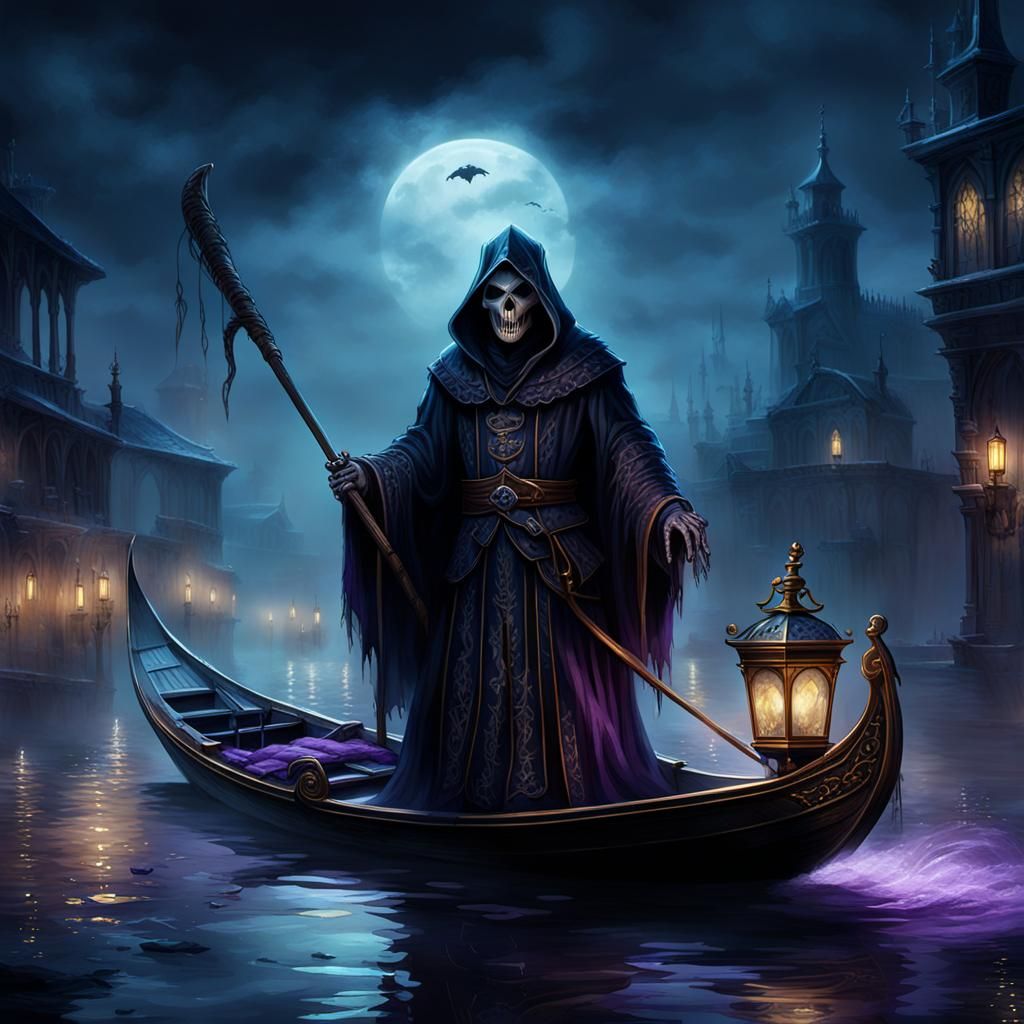 Grim Reaper Helmsman in Gothic Fantasy Night Scene