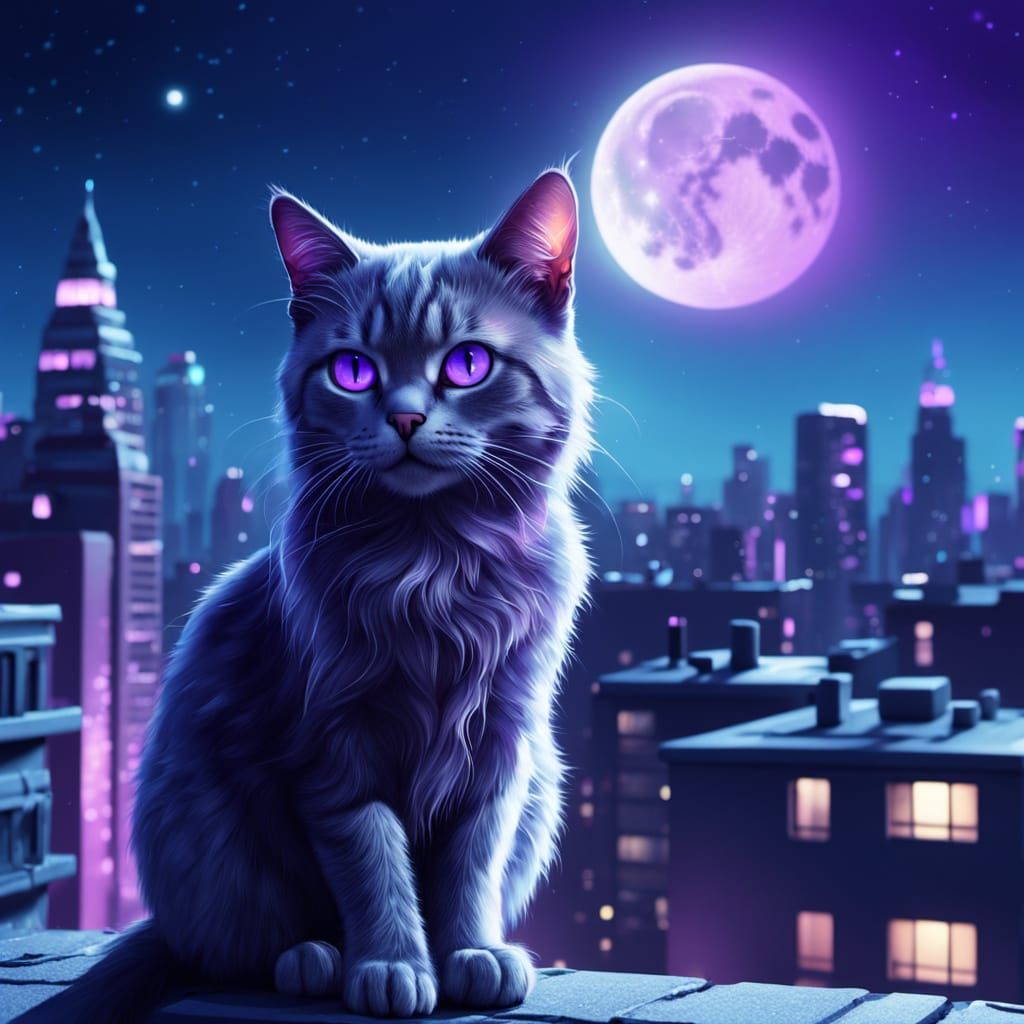 Cute Cat Gazes at Huge Moon Above Futuristic City