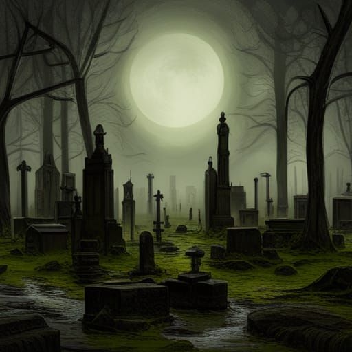 Ominous Swamp Cemetery with Ghoulish Figures