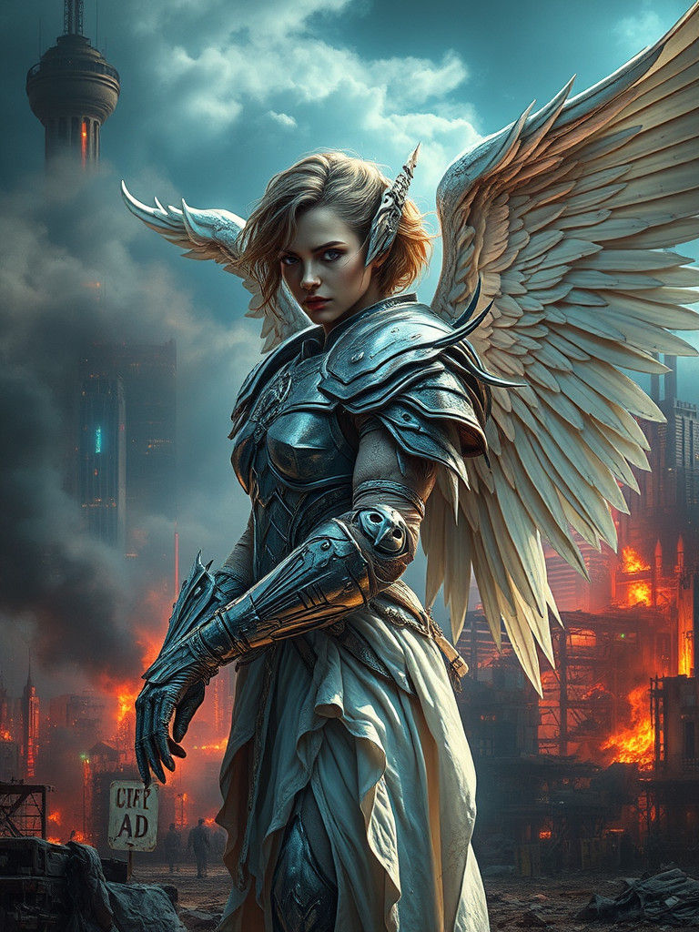 Avenging Angel in Dystopian Cityscape