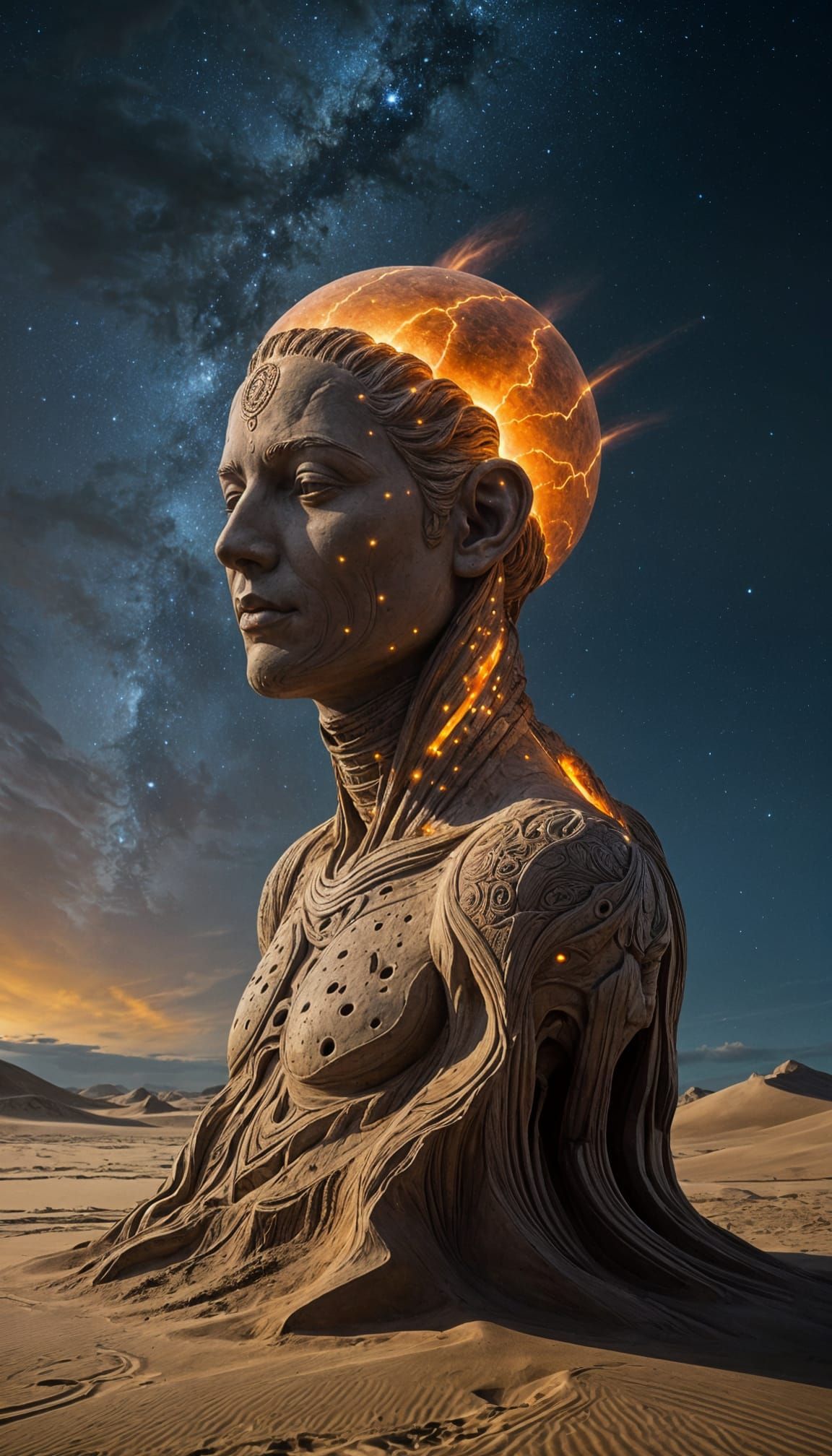 Hyper-Realistic Sand Sculpture of a Glowing Celestial Head