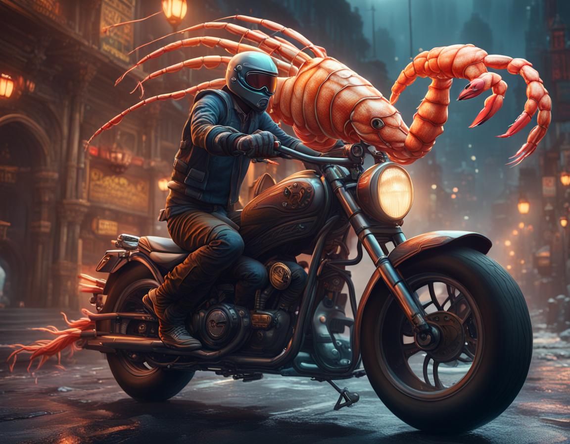Prawn on Motorbike: Detailed Fantasy Concept Art